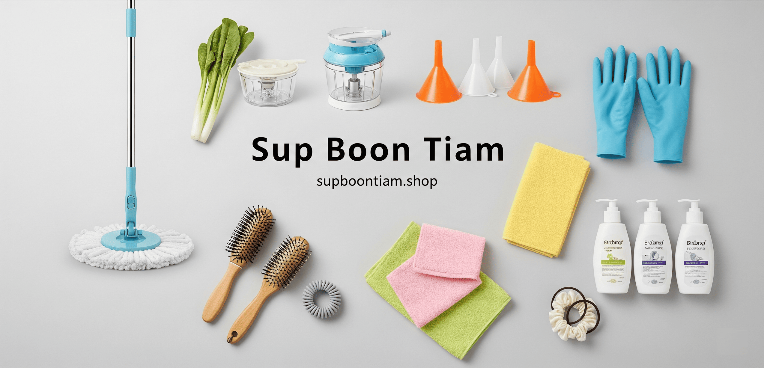 A promotional banner for Sup Boon Tiam, showcasing an artful collage of their household cleaning supplies, kitchen gadgets, and personal care products available in the USA.